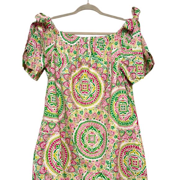 TAHARI Off the Shoulder Mini Dress Womens 12 Lined Beachy Boho Green Pink Preppy - Picture 5 of 7